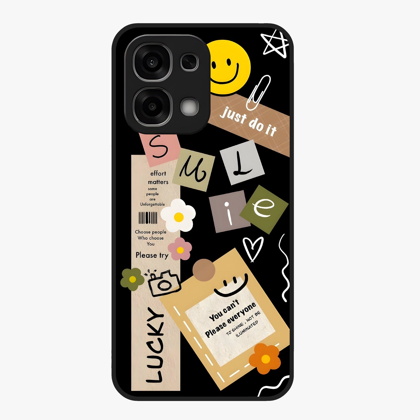Lucky Aesthetic Collage Glass Case showing flat back view with trendy aesthetic collage artwork and glossy glass finish.
