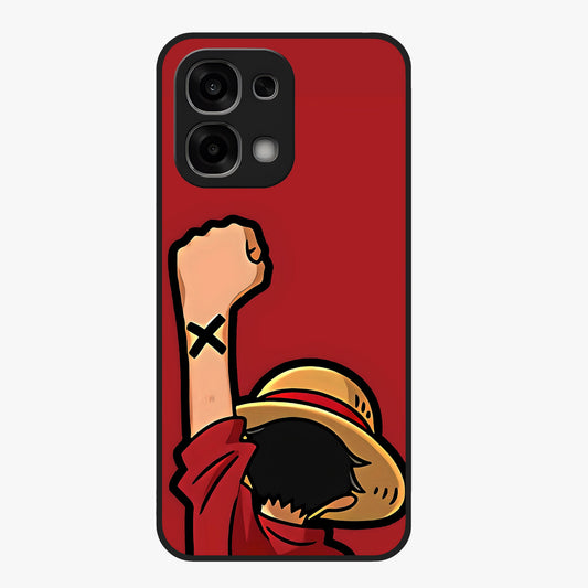 Luffy X Spirit Glass Case showing flat back view with bold anime character artwork and glossy glass finish.