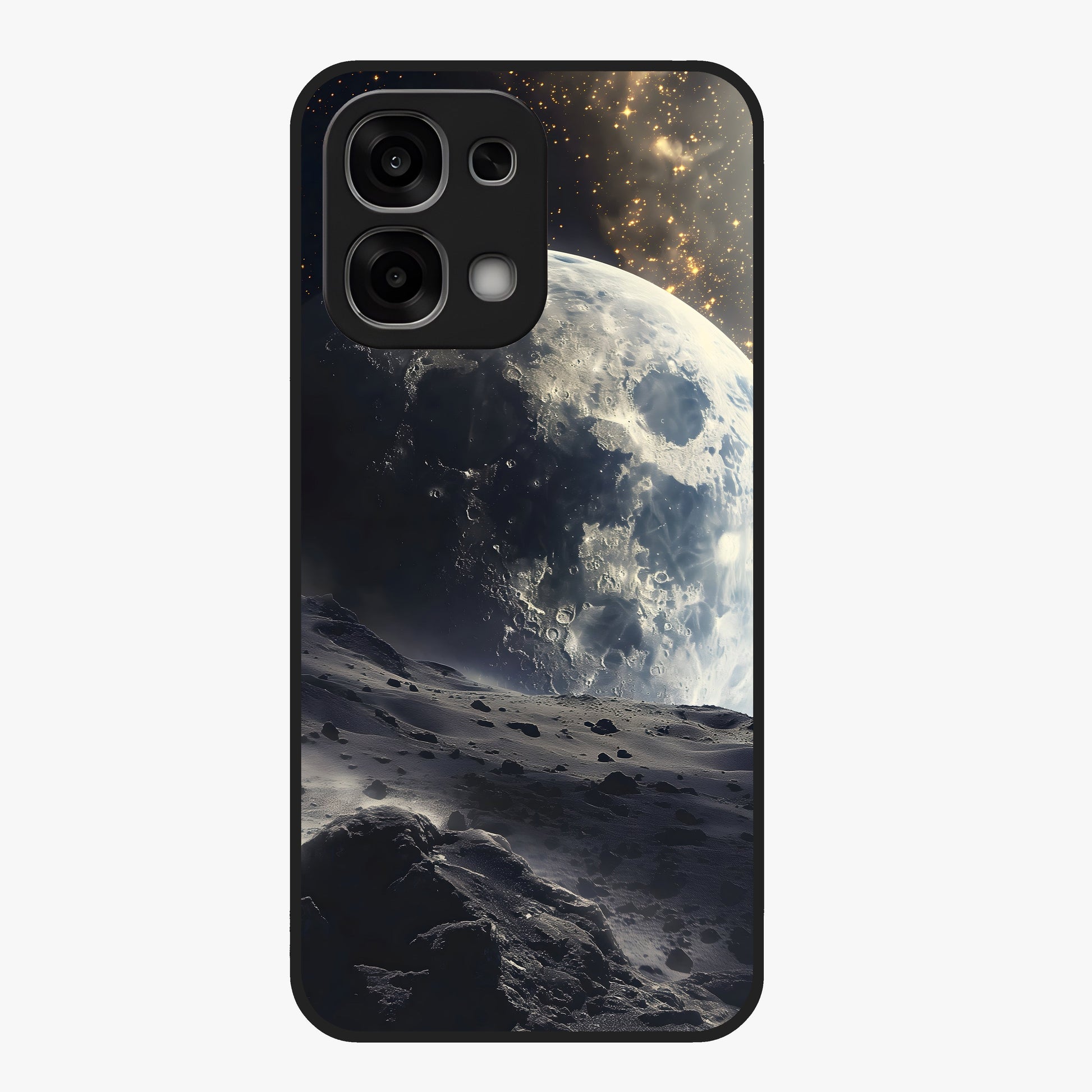 Lunar Horizon Glow Glass Case showing flat back view with glowing moon horizon artwork and glossy glass finish.