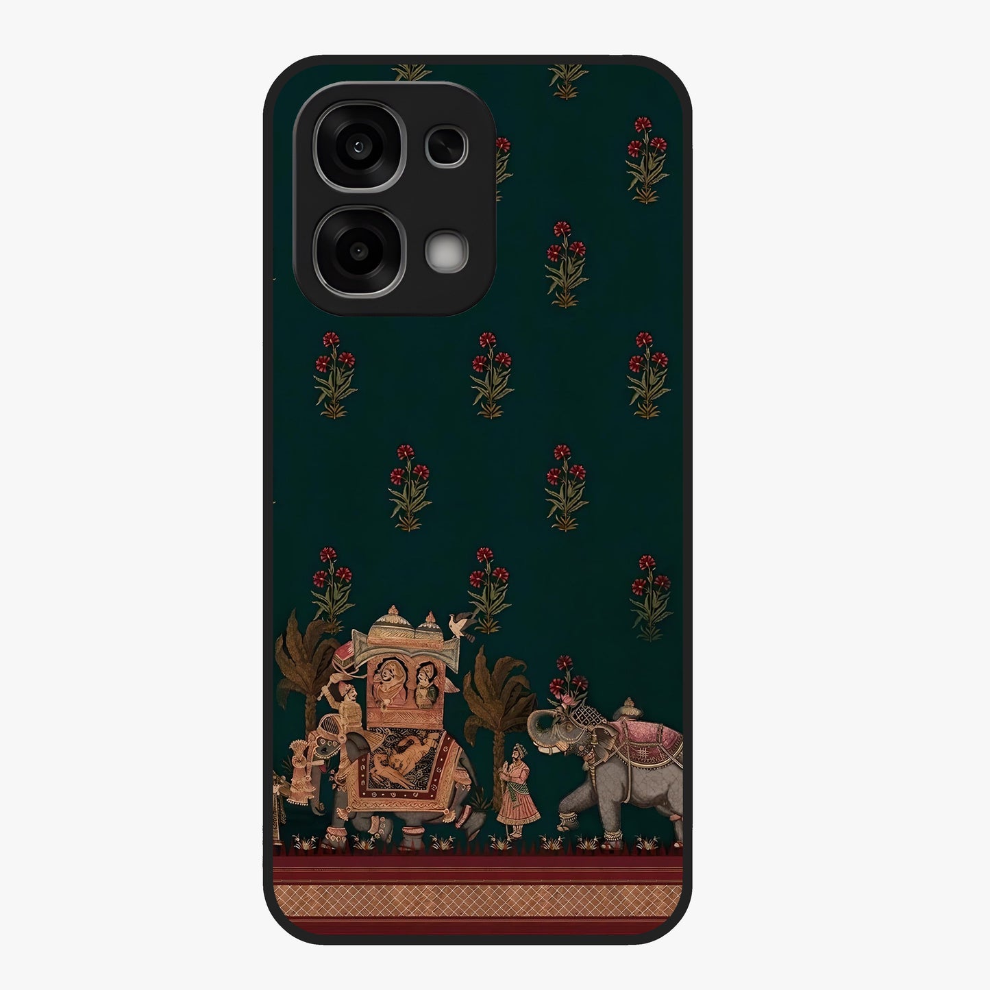 Macmerise Glass Case showing flat back view with stylish modern artwork and glossy glass finish.