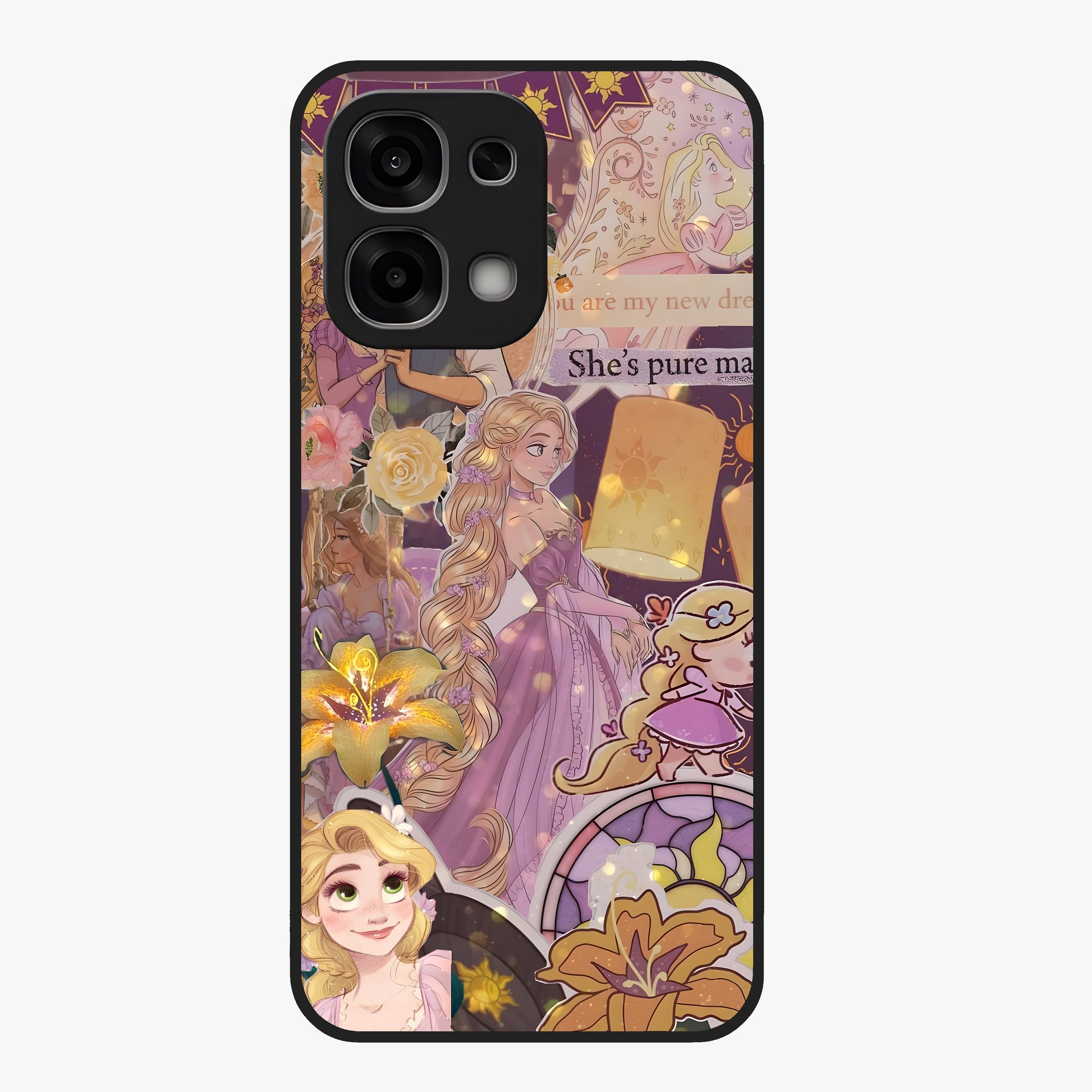 Magical Tangled Dream Glass Case showing flat back view with dreamy tangled artwork and glossy glass finish.