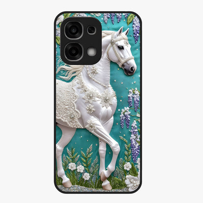 Majestic Floral Stallion Glass Case showing flat back view with powerful horse and floral artwork and glossy glass finish.