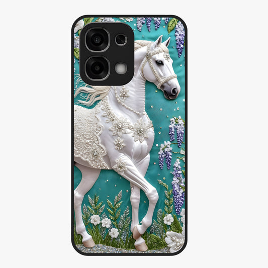 Majestic Floral Stallion Glass Case showing flat back view with powerful horse and floral artwork and glossy glass finish.