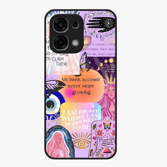 Manifestation Collage Glass Case showing flat back view with motivational collage artwork and glossy glass finish.