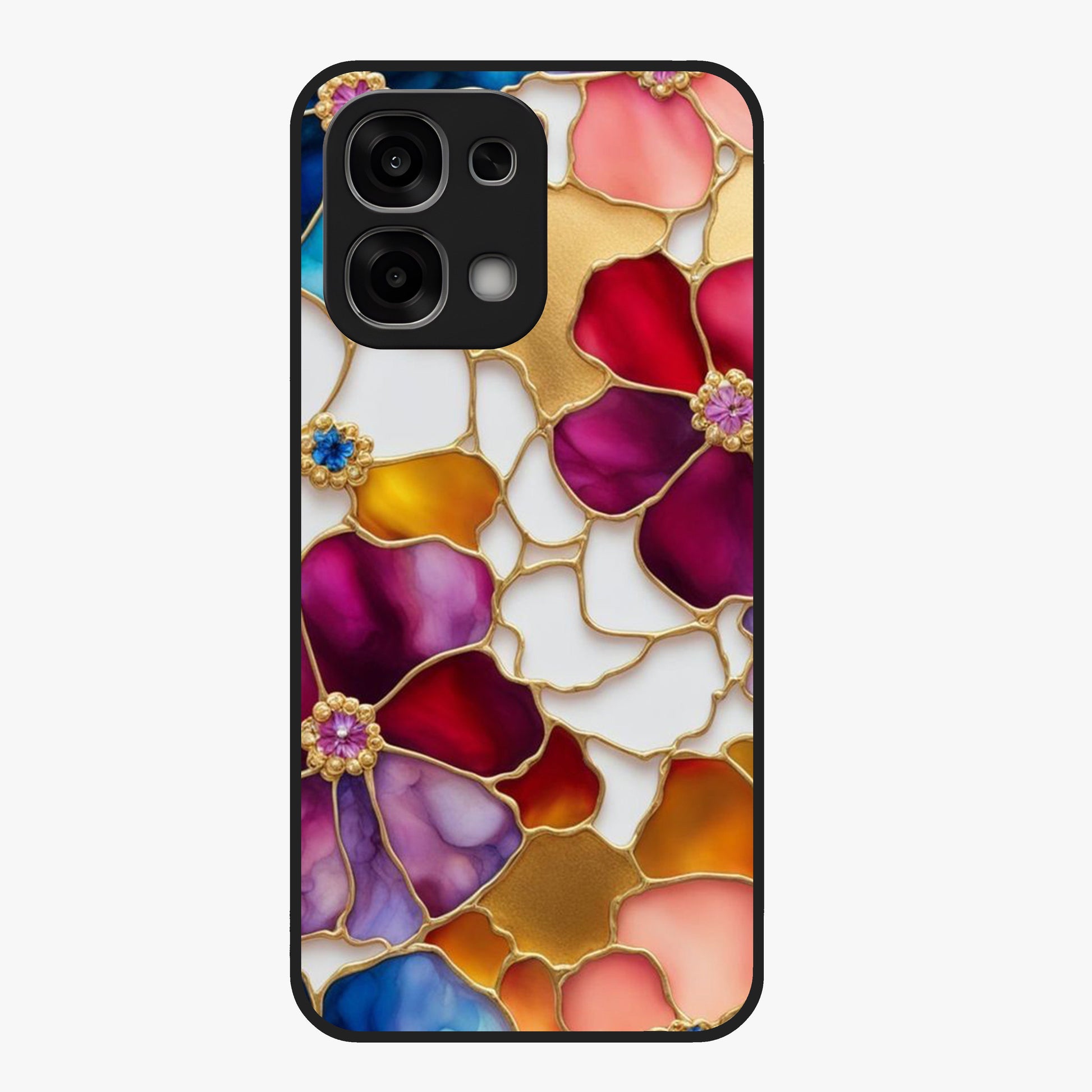 Marble Flower Pattern Glass Case showing flat back view with marble texture floral artwork and glossy glass finish.