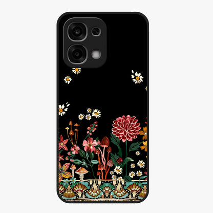 Midnight Bloom Pattern Glass Case showing flat back view with dark floral pattern artwork and glossy glass finish.