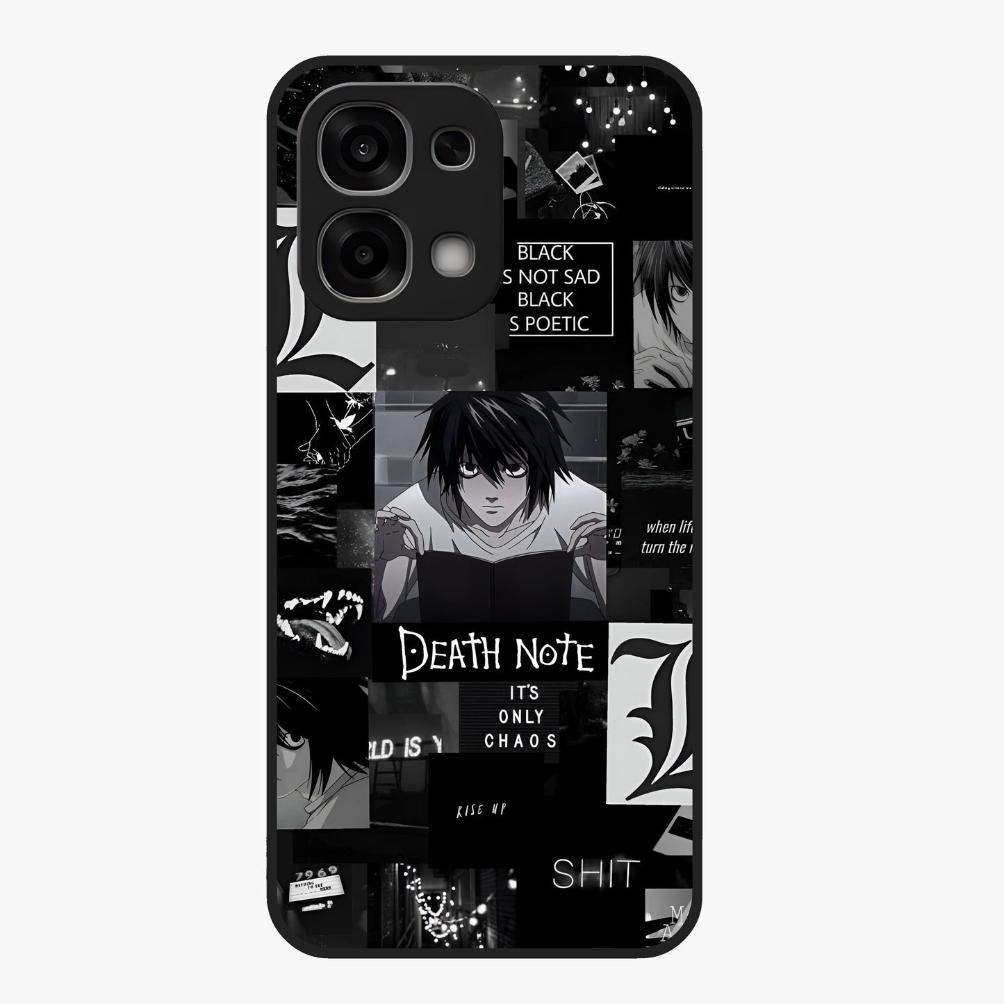 Midnight Chaos Mind Glass Case showing flat back view with abstract dark themed artwork and glossy glass finish.