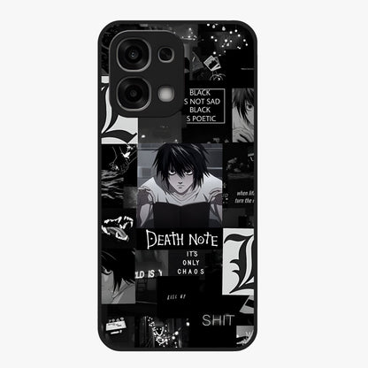 Midnight Chaos Mind Glass Case showing flat back view with abstract dark themed artwork and glossy glass finish.