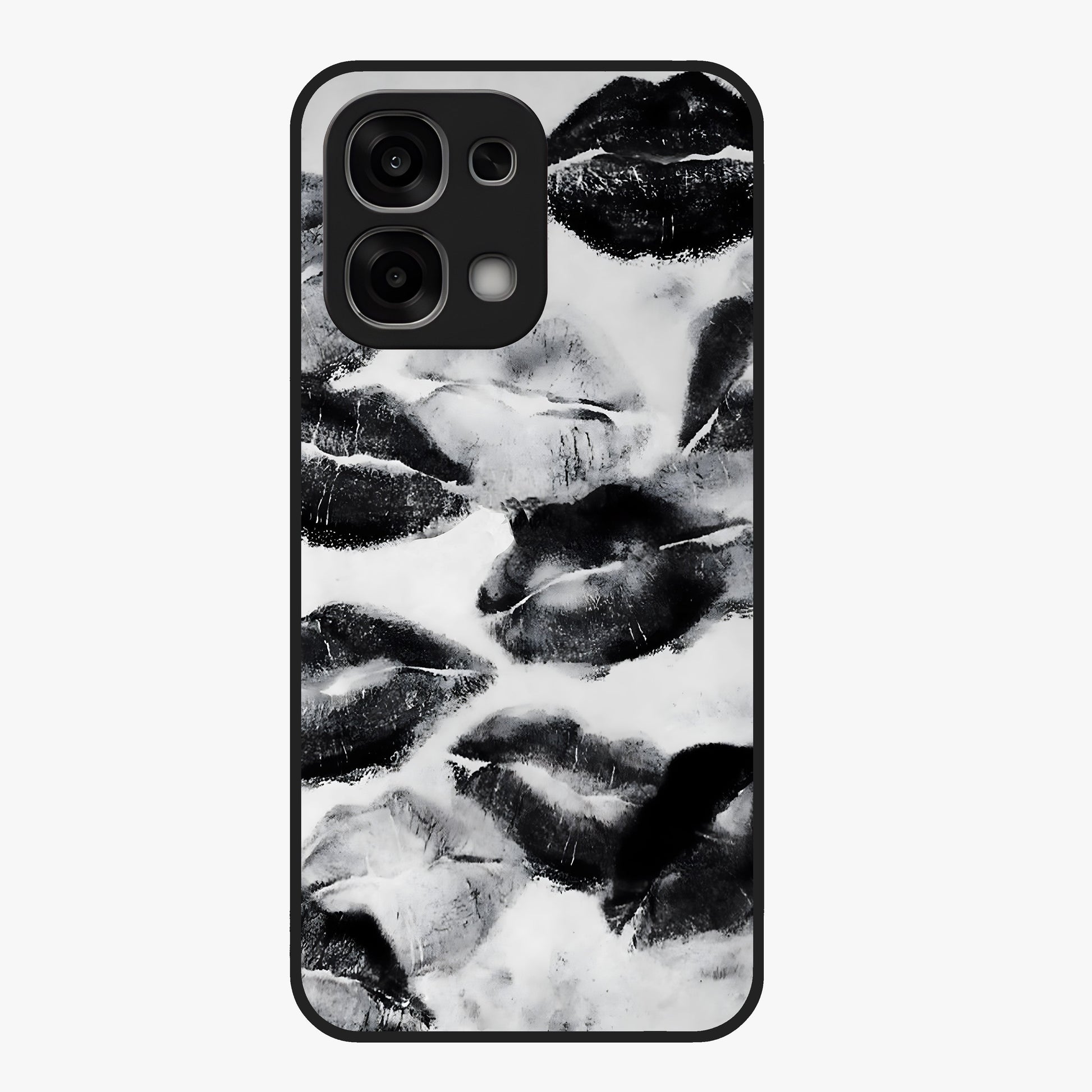 Midnight Kiss Marks Glass Case showing flat back view with lipstick kiss mark artwork and glossy glass finish.