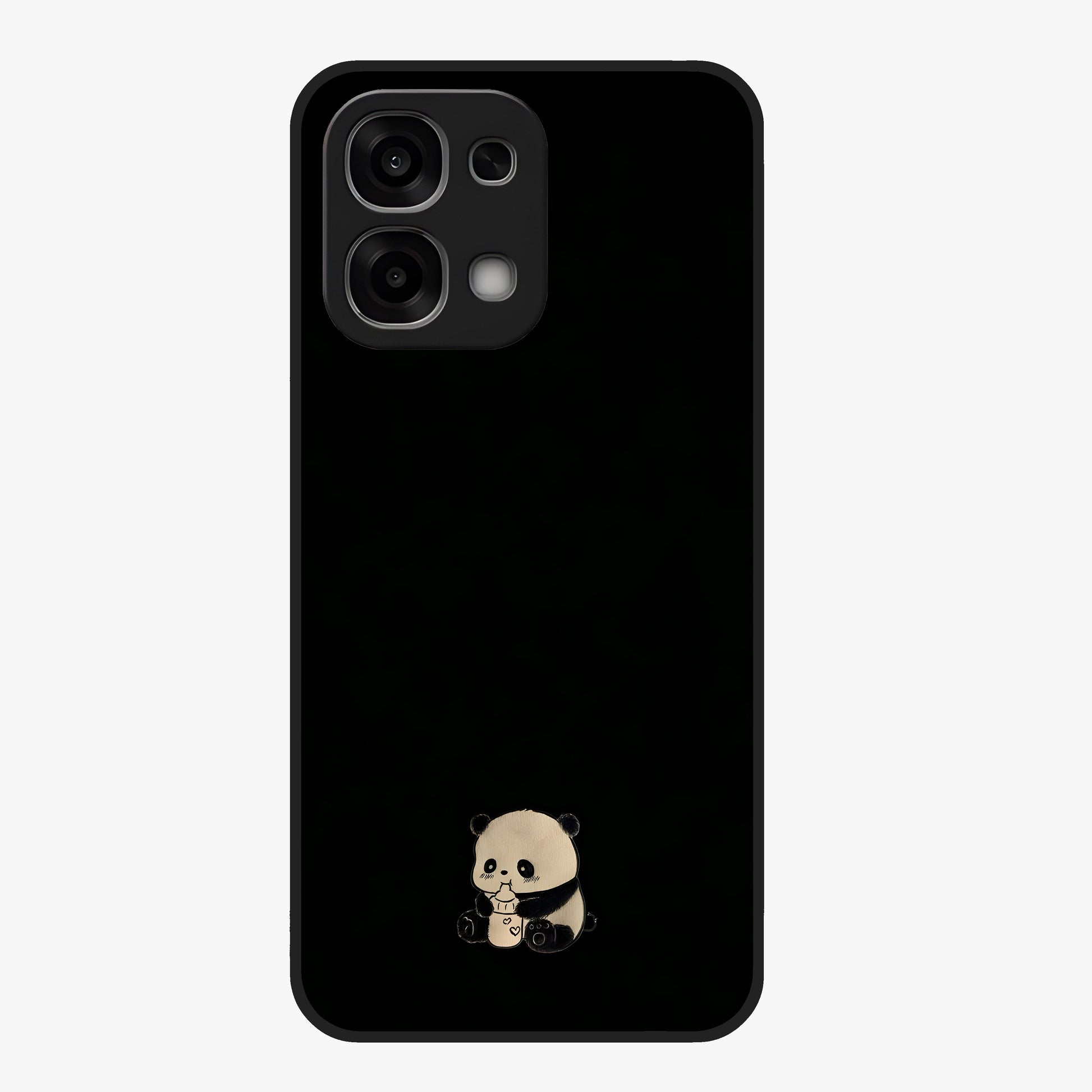 Midnight Panda Love Glass Case showing flat back view with cute panda themed artwork and glossy glass finish.
