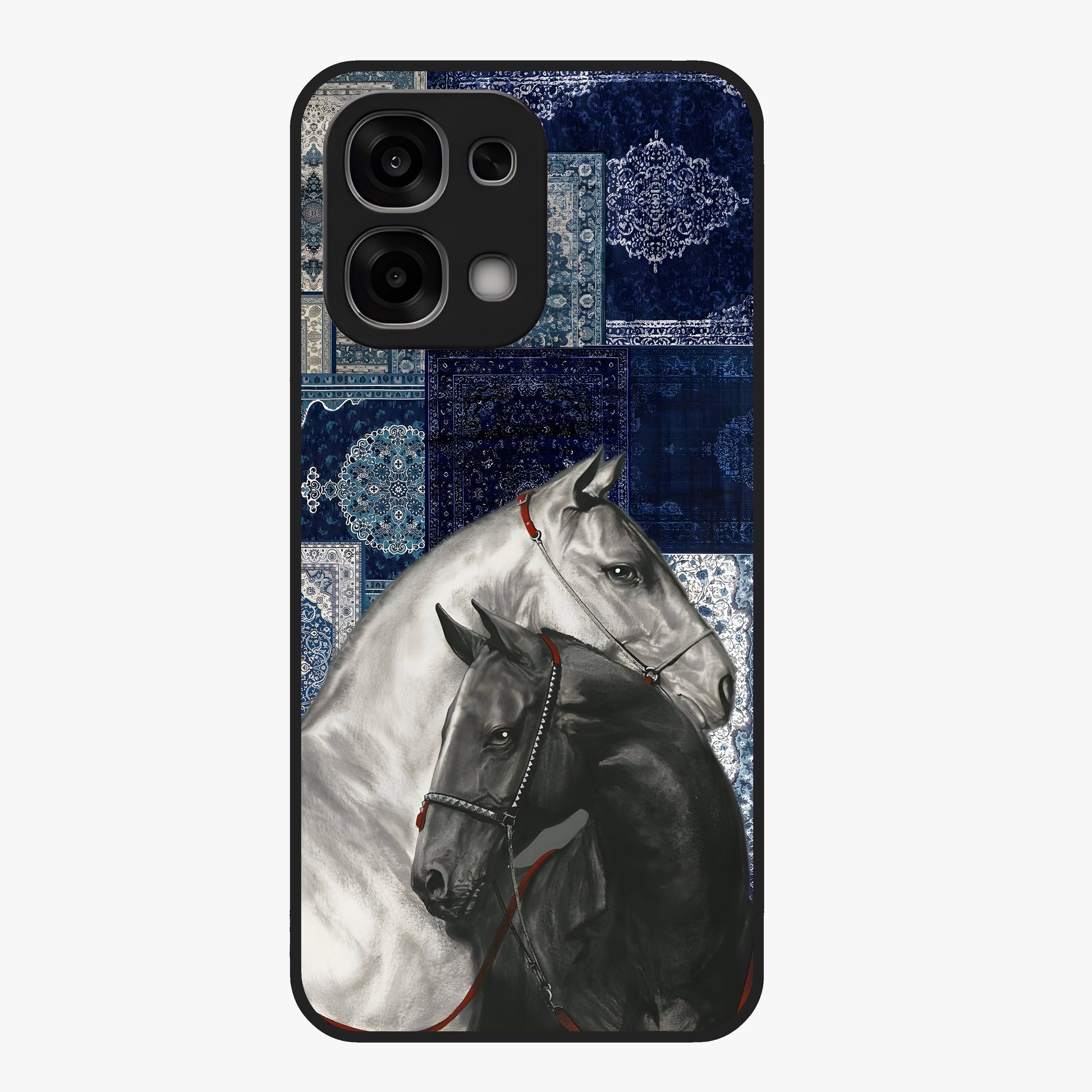 Midnight Stallion Blues Glass Case showing flat back view with majestic horse artwork and glossy glass finish.