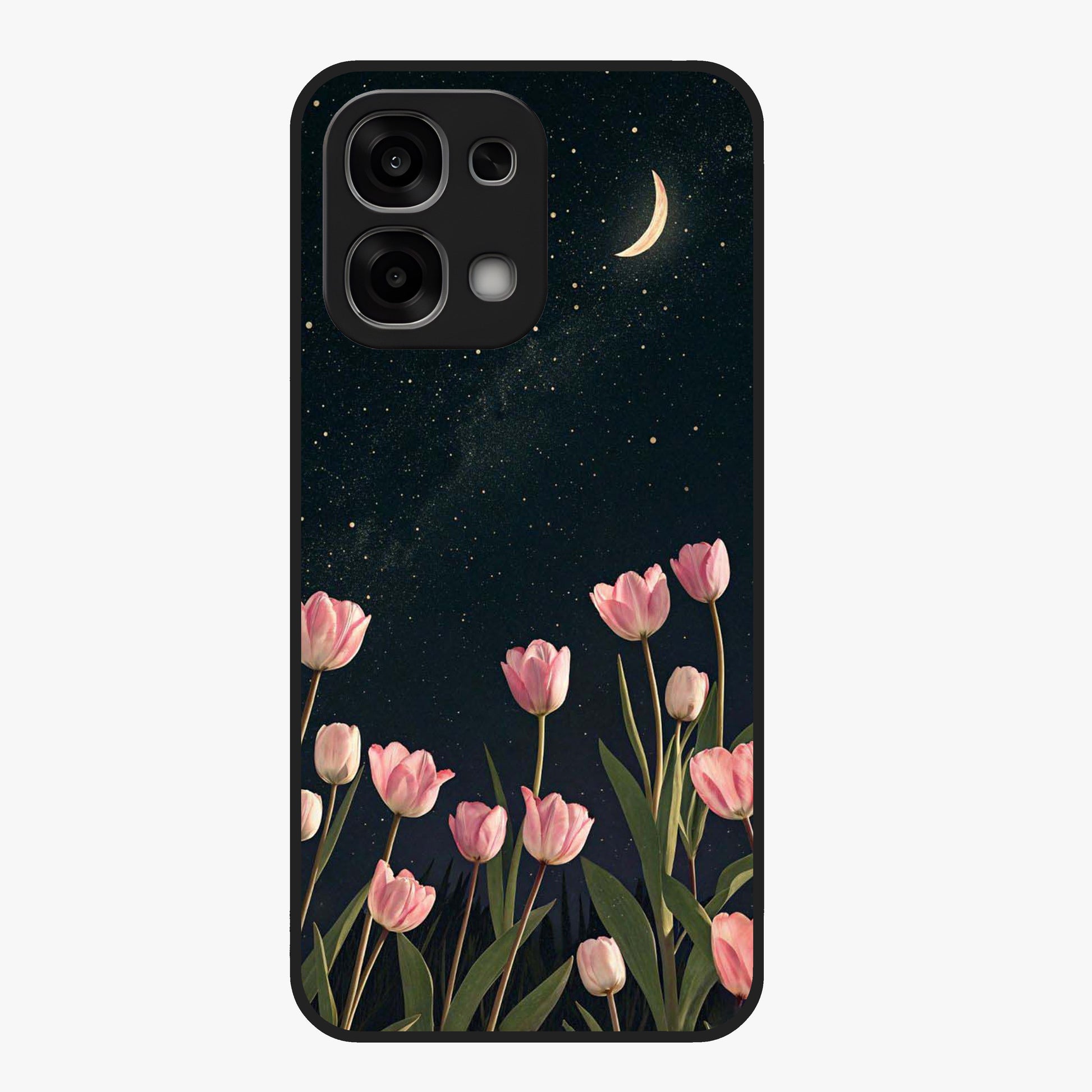 Midnight Tulip Whispers Vibe Glass Case showing flat back view with elegant tulip flower artwork and glossy glass finish.