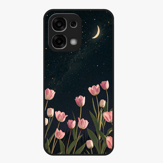 Midnight Tulip Whispers Vibe Glass Case showing flat back view with elegant tulip flower artwork and glossy glass finish.