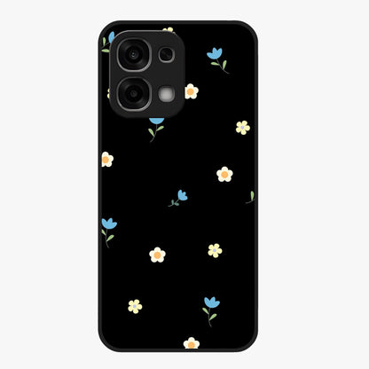 Minimalistic Blue With White Flower Pattern Glass Case showing flat back view with blue background and white flower pattern and glossy glass finish.