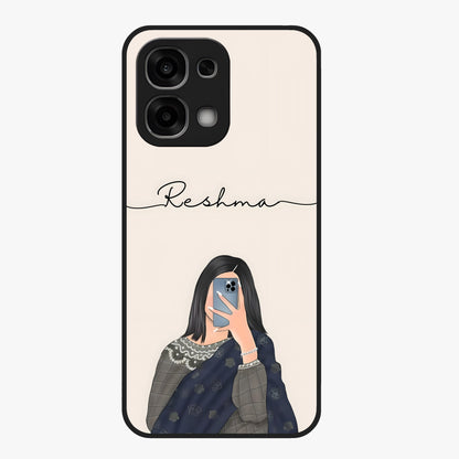 Mirror Mood Muse With Custom Name Glass Case showing flat back view with stylish mirrored artwork and personalized name design.