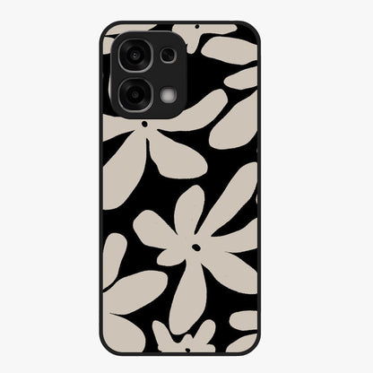 Monochrome Petal Dance Glass Case showing flat back view with monochrome floral artwork and glossy glass finish.