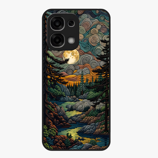 Moonlight Forest Dream Glass Case showing flat back view with mystical forest moonlight artwork and glossy glass finish.