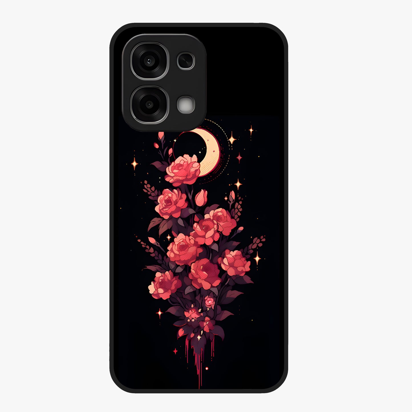 Moonlit Floral Elegance Glass Case showing flat back view with elegant floral artwork under moonlit tones and glossy glass finish.