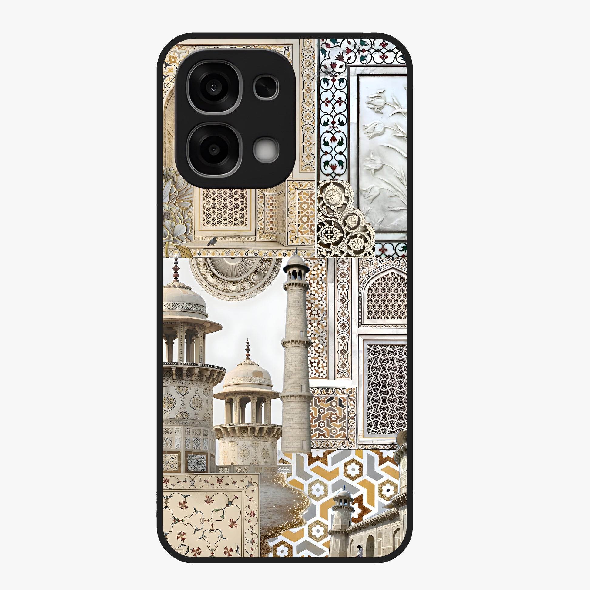 Mughal Marble Legacy Glass Case showing flat back view with intricate Mughal inspired marble pattern and glossy glass finish.
