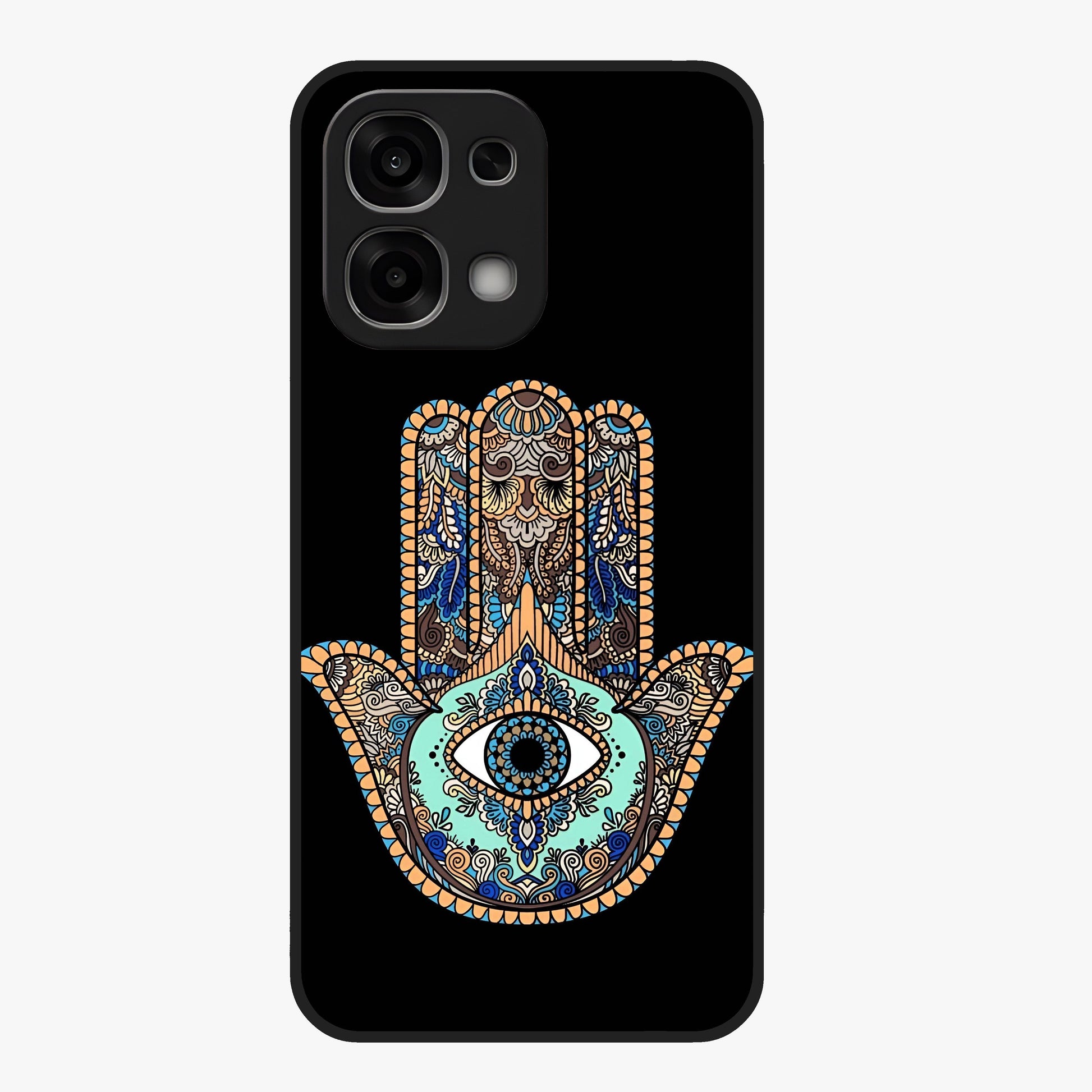 Mystic Hamsa Eye Glass Case showing flat back view with protective hamsa hand and evil eye artwork and glossy glass finish.