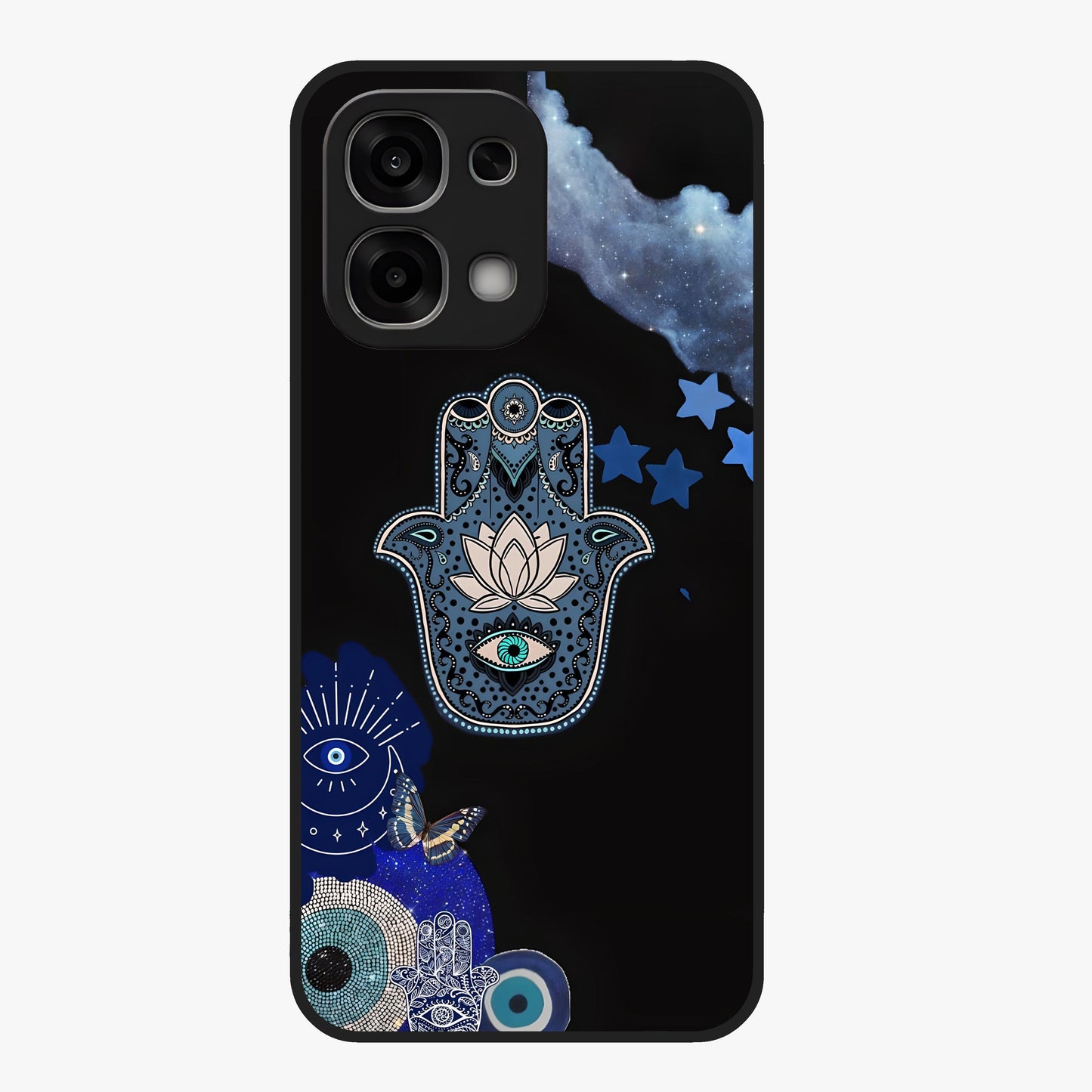 Mystic Hand Aura Glass Case showing flat back view with mystical hand symbol artwork and glossy glass finish.