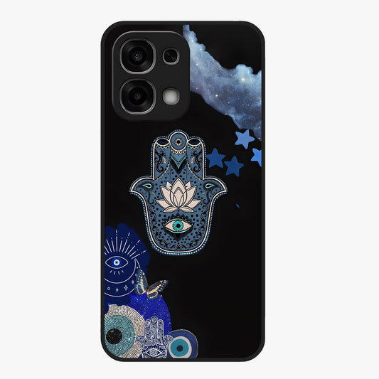 Mystic Hand Aura Glass Case showing flat back view with mystical hand symbol artwork and glossy glass finish.