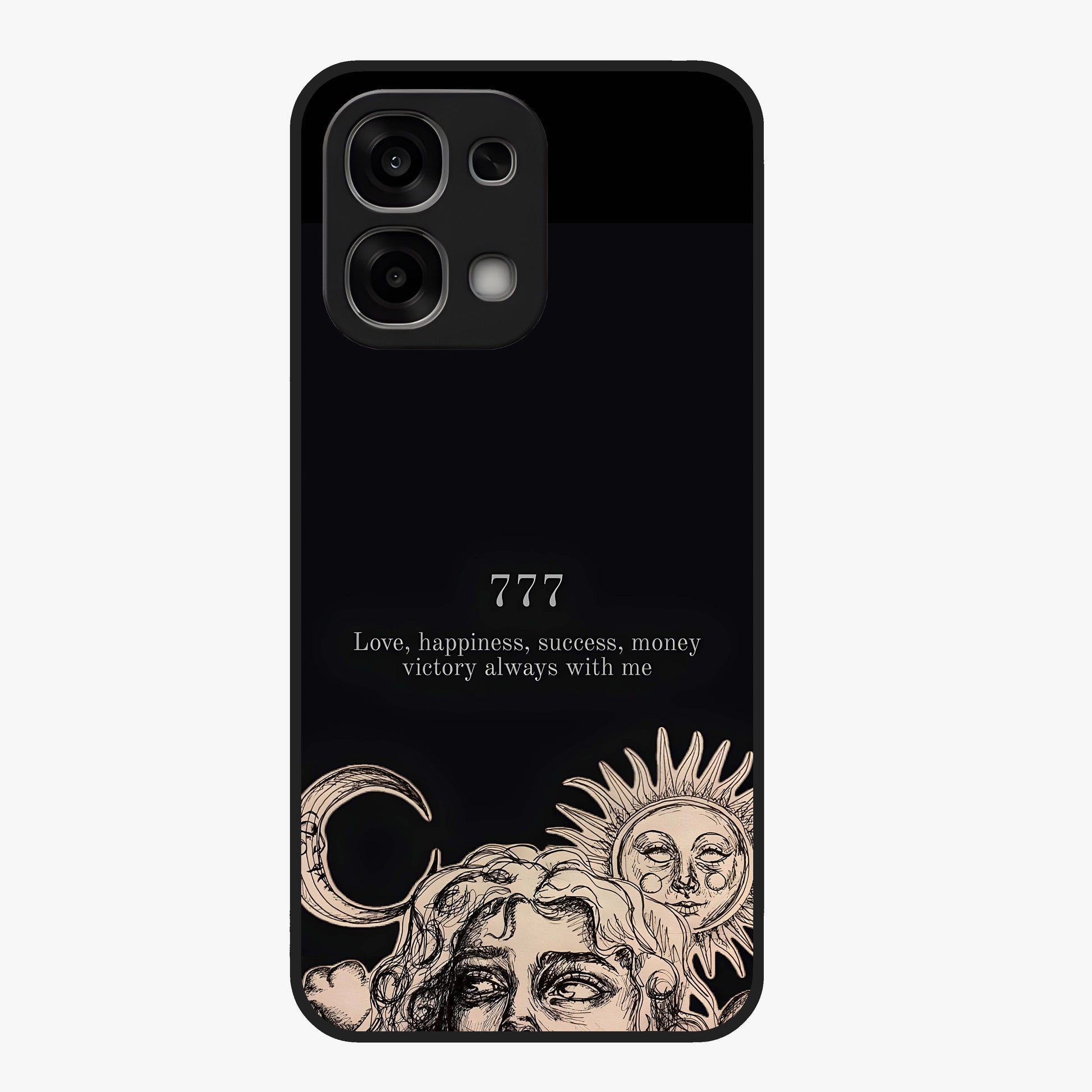 Mystic Victory Aura Glass Case showing flat back view with victory symbol artwork and glossy glass finish.