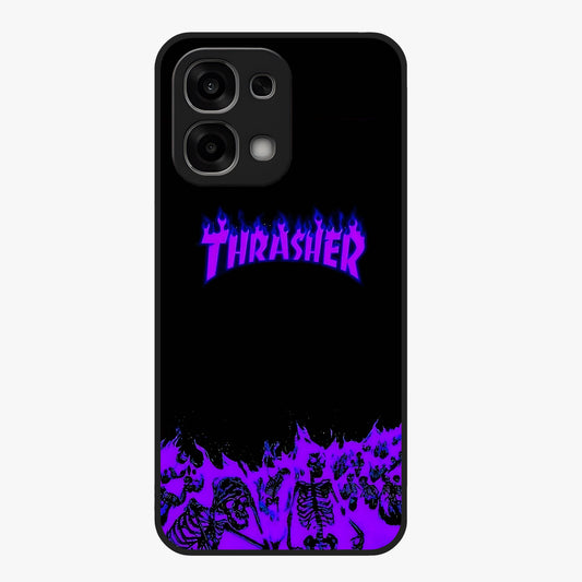 Neon Flame Riot Glass Case showing flat back view with neon flame artwork and glossy glass finish.