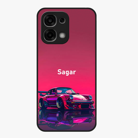 Neon Pink Porsche Glass Case showing flat back view with stylish sports car artwork and glossy glass finish.