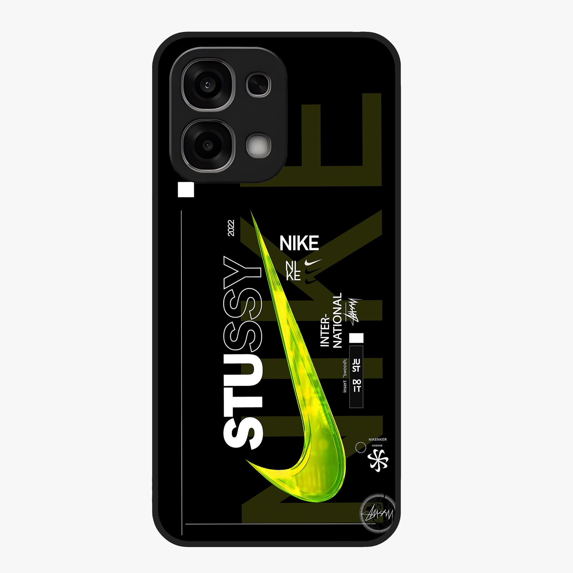 Neon Street Edition Glass Case showing flat back view with neon street style artwork and glossy glass finish.