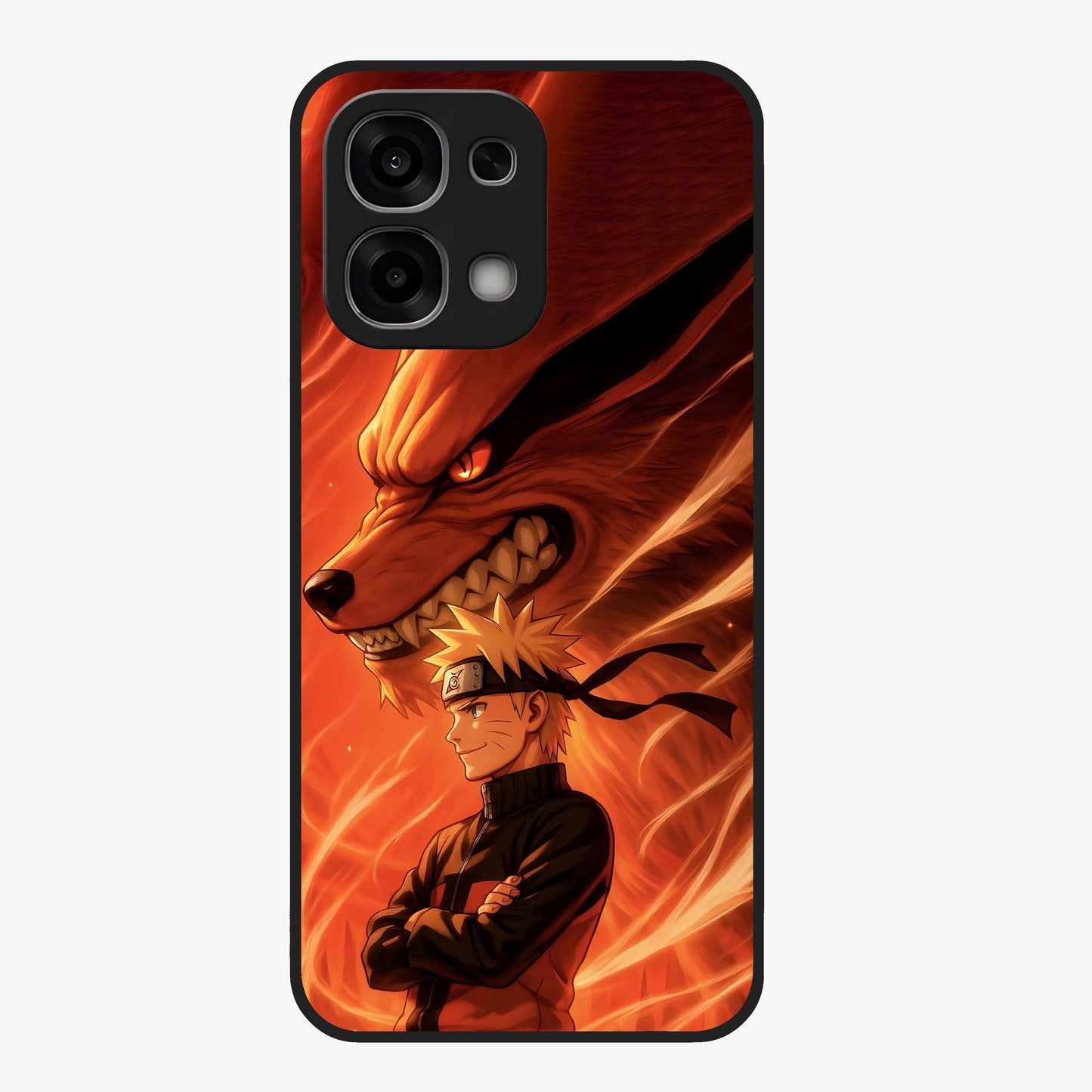 Nine Tails Legacy Glass Case showing flat back view with powerful nine-tailed fox inspired artwork and glossy glass finish.