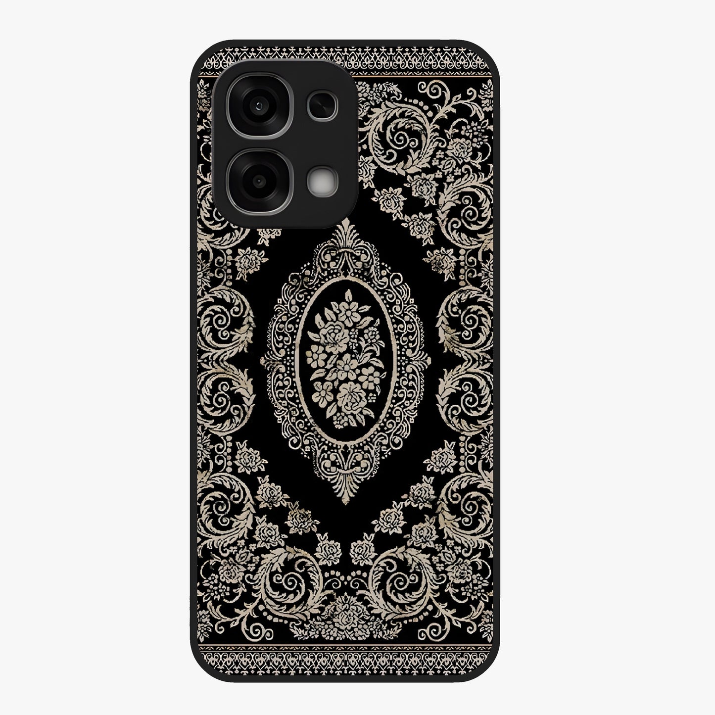 Noir Bloom Elegance Glass Case showing flat back view with elegant dark floral artwork and glossy glass finish.