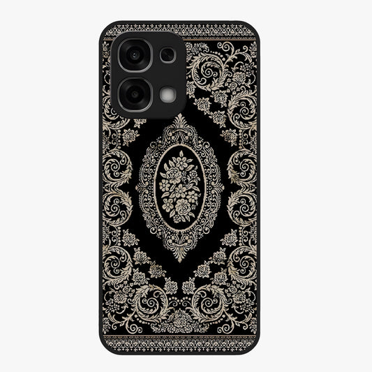 Noir Bloom Elegance Glass Case showing flat back view with elegant dark floral artwork and glossy glass finish.