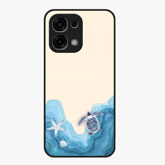 Ocean Drift Turtle Glass Case showing flat back view with sea turtle artwork and glossy glass finish.