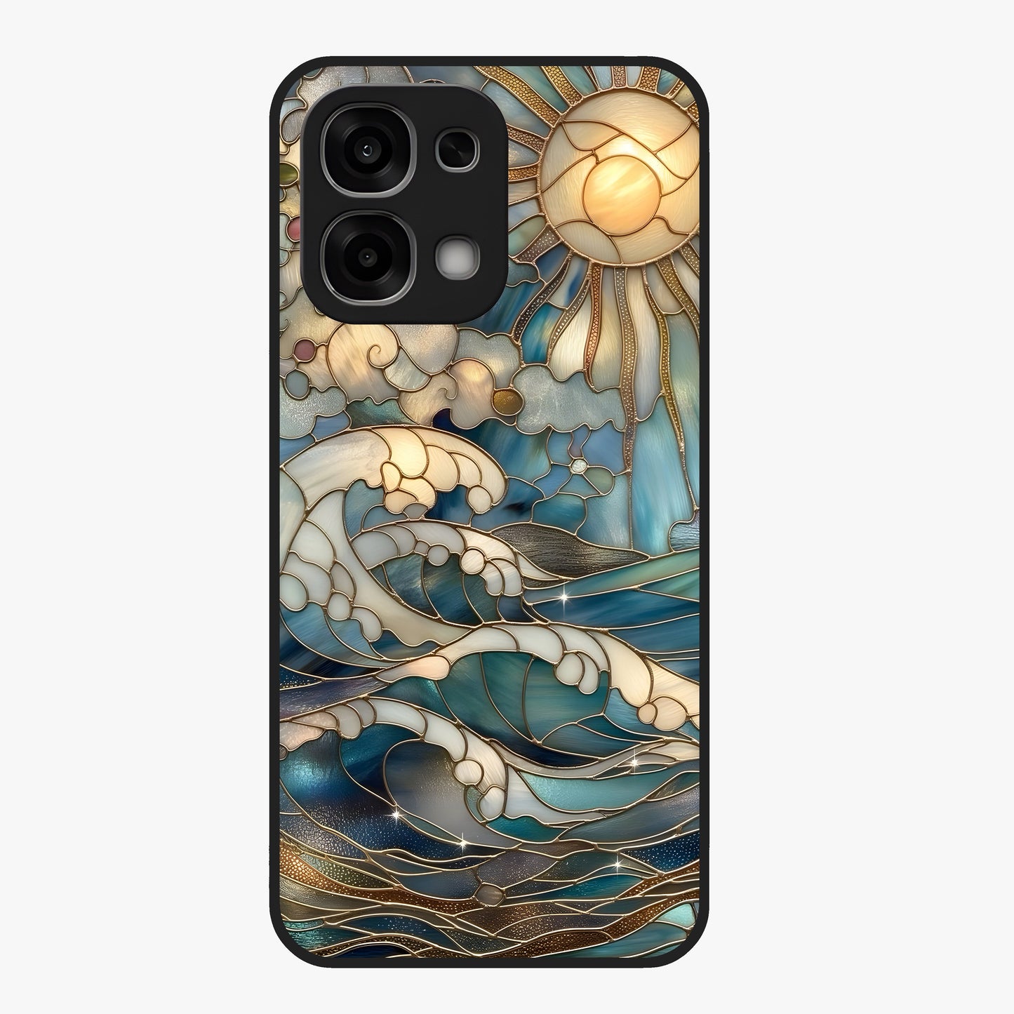 Oceanic Stained Printed Glass Case showing flat back view with ocean inspired stained pattern artwork and glossy glass finish.