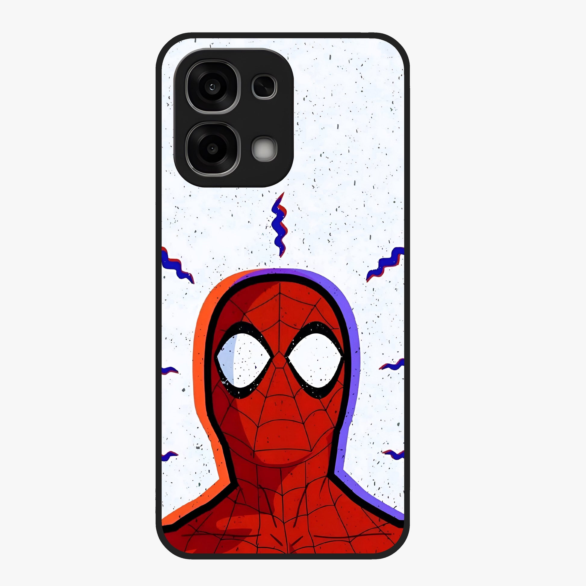Omg Spiderman Glass Case showing flat back view with bold superhero inspired artwork and glossy glass finish.