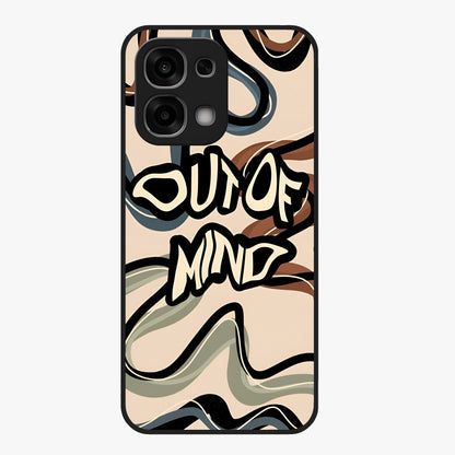 Out Of Mind Glass Case showing flat back view with expressive typography artwork and glossy glass finish.