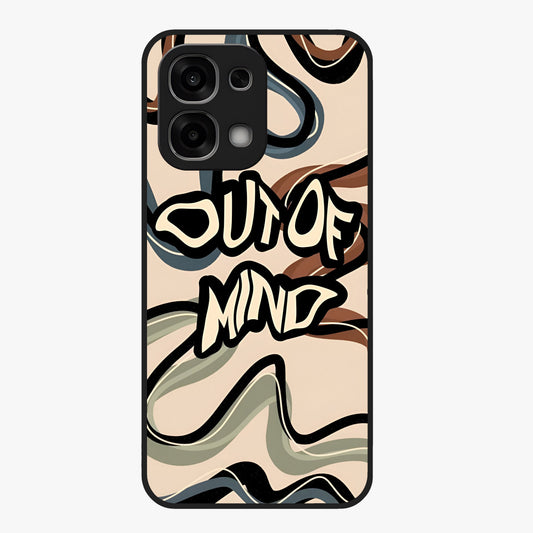 Out Of Mind Glass Case showing flat back view with expressive typography artwork and glossy glass finish.