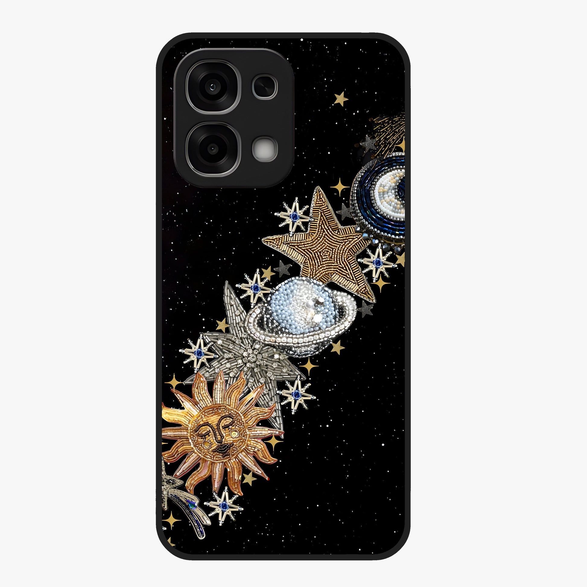 Pearls Universe Object Glass Case showing flat back view with pearl inspired cosmic artwork and glossy glass finish.