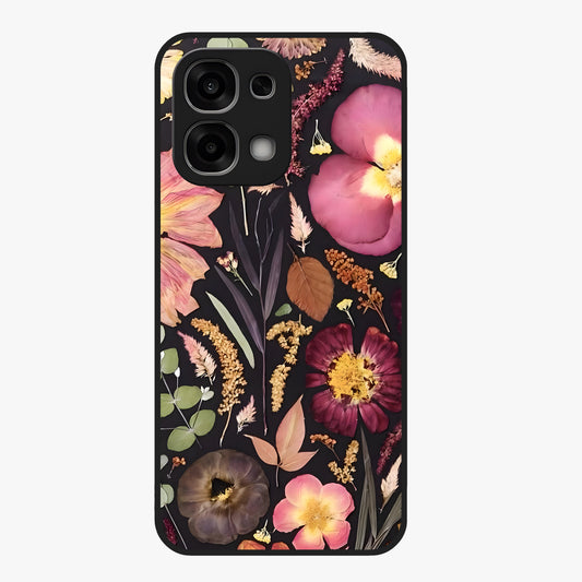 Petal Dream Tapestry Glass Case showing flat back view with intricate floral tapestry artwork and glossy glass finish.