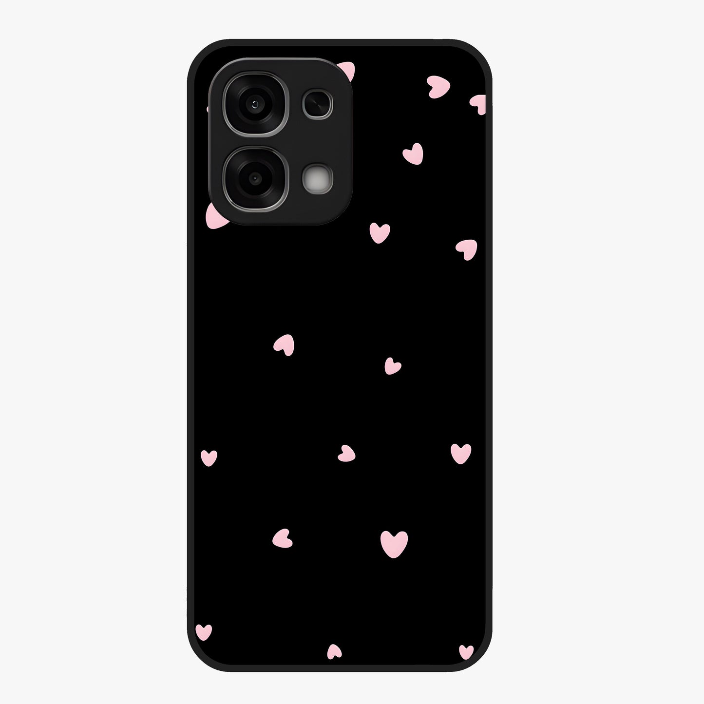 Pink Love Drops Glass Case showing flat back view with playful pink heart drops artwork and glossy glass finish.
