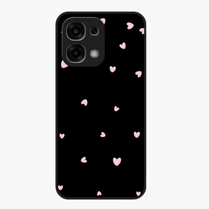 Pink Love Drops Glass Case showing flat back view with playful pink heart drops artwork and glossy glass finish.