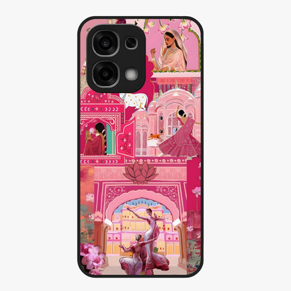 Pink Palace Muse Glass Case showing flat back view with elegant palace inspired artwork and glossy glass finish.