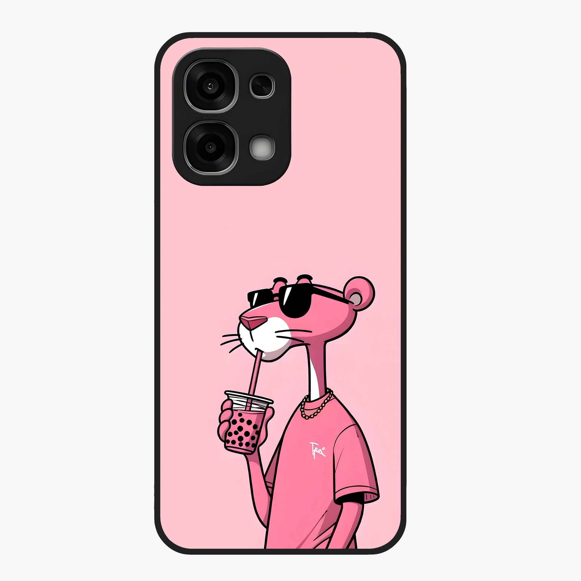 Pink Panther Glass Case showing flat back view with iconic pink panther artwork and glossy glass finish.