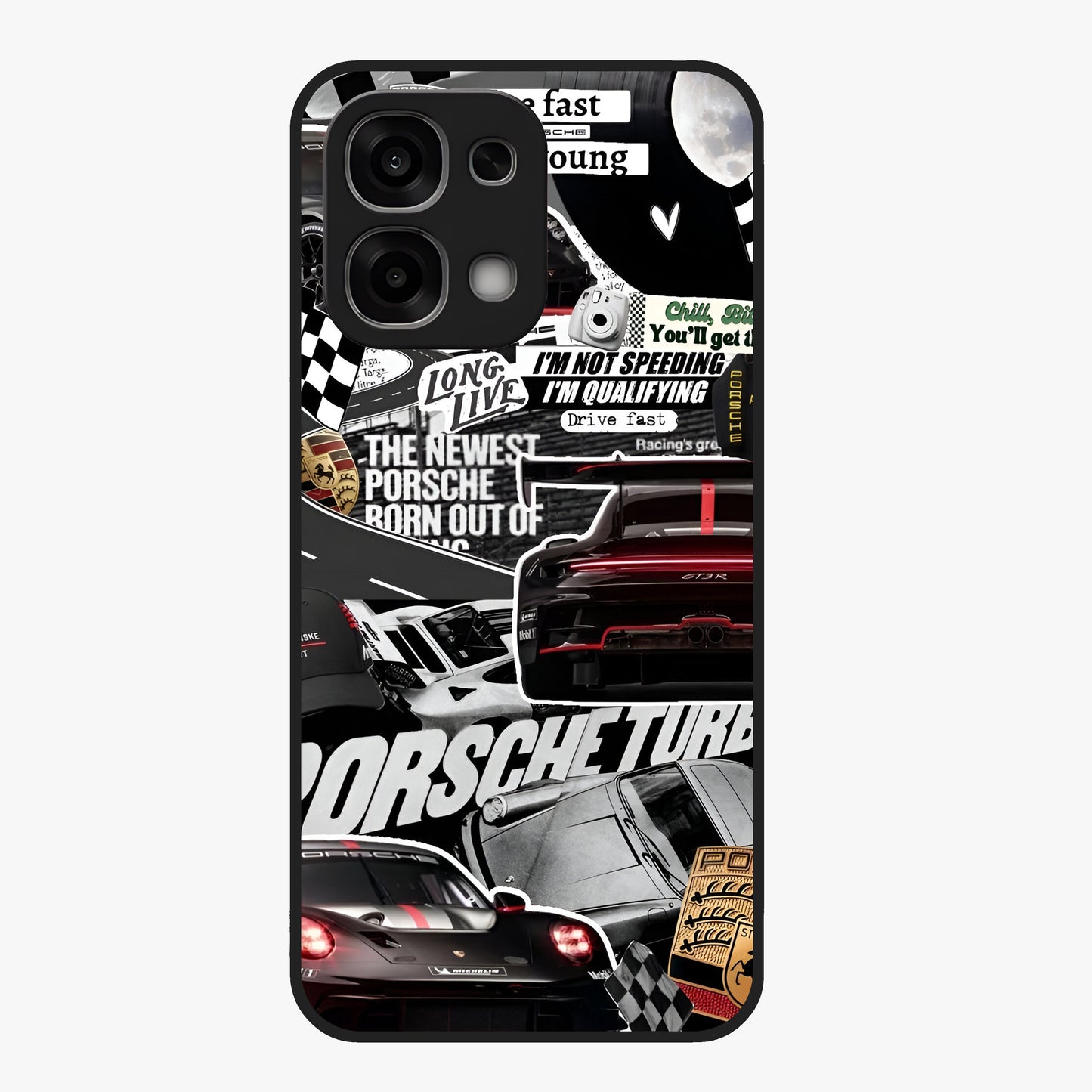 Porsche Racing Collage Glass Case showing flat back view with sports car racing collage artwork and glossy glass finish.