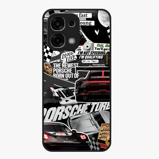 Porsche Racing Collage Glass Case showing flat back view with sports car racing collage artwork and glossy glass finish.