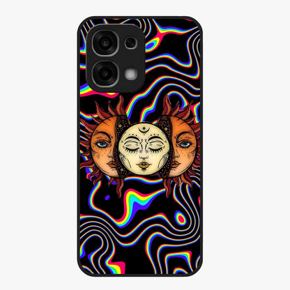 Psychedelic Sun Glass Case showing flat back view with colorful psychedelic sun artwork and glossy glass finish.