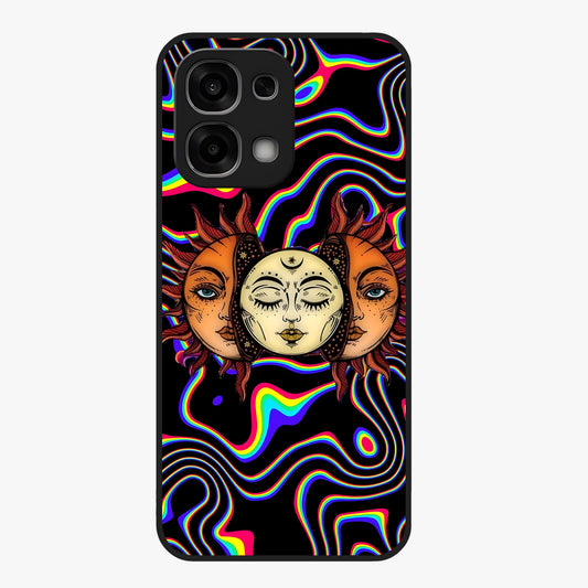 Psychedelic Sun Glass Case showing flat back view with colorful psychedelic sun artwork and glossy glass finish.
