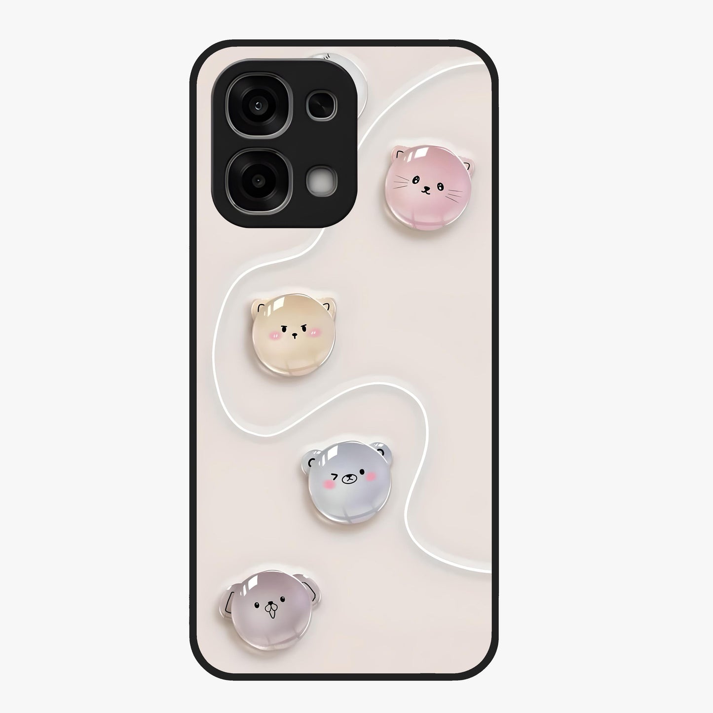 Puffy Face Parade Glass Case showing flat back view with cute puffy character faces artwork and glossy glass finish.