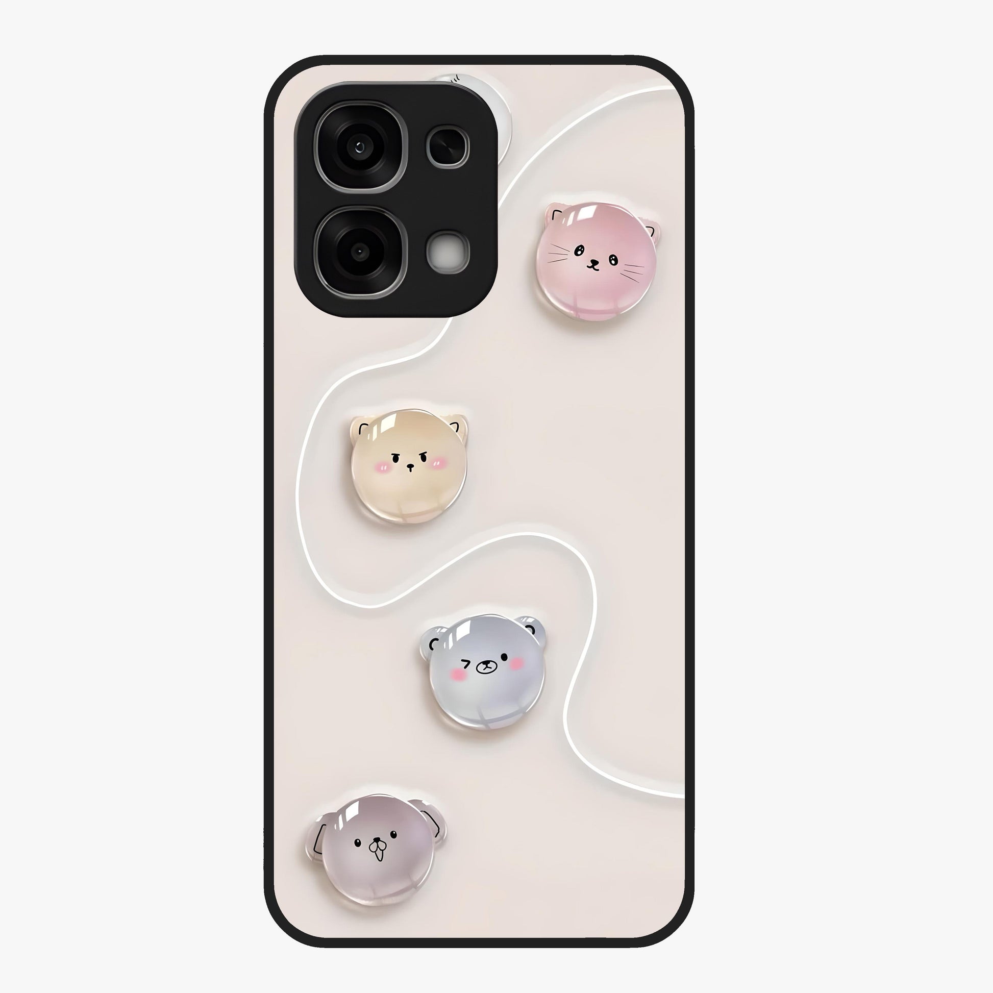 Puffy Face Parade Glass Case showing flat back view with cute puffy character faces artwork and glossy glass finish.